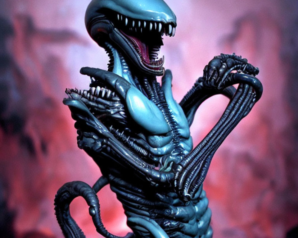 Detailed Alien Xenomorph Figure with Elongated Head and Exoskeleton on Red Background