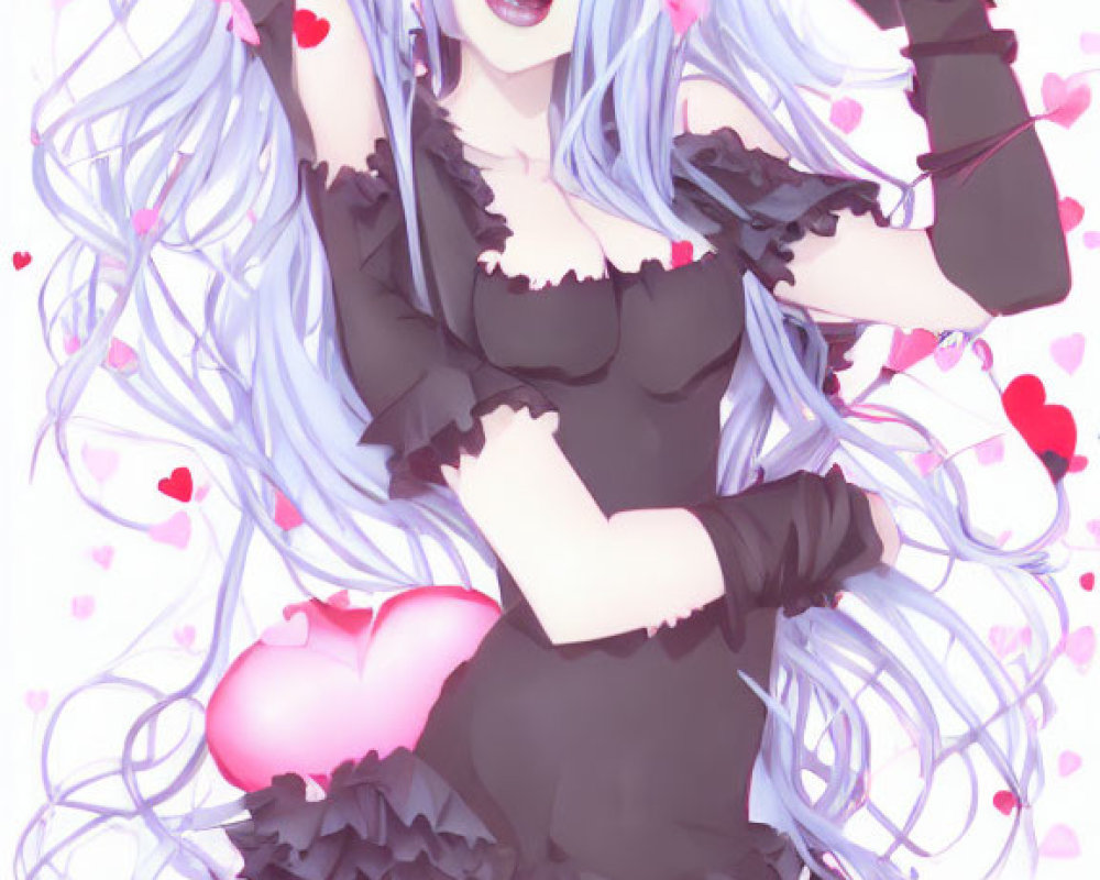 Character with Long Blue Hair in Frilly Black Dress on Pink Background