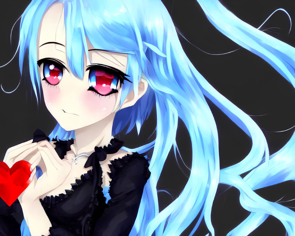 Blue-haired anime girl with red eyes holding a heart in black dress on dark background