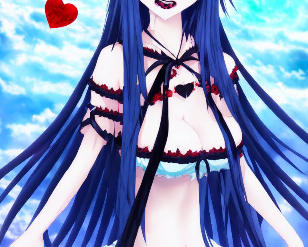 Blue-haired anime character in black and red bikini top under cloudy sky.