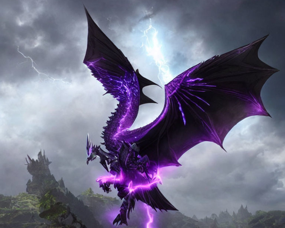 Purple dragon flying in stormy skies over dark, rocky landscape