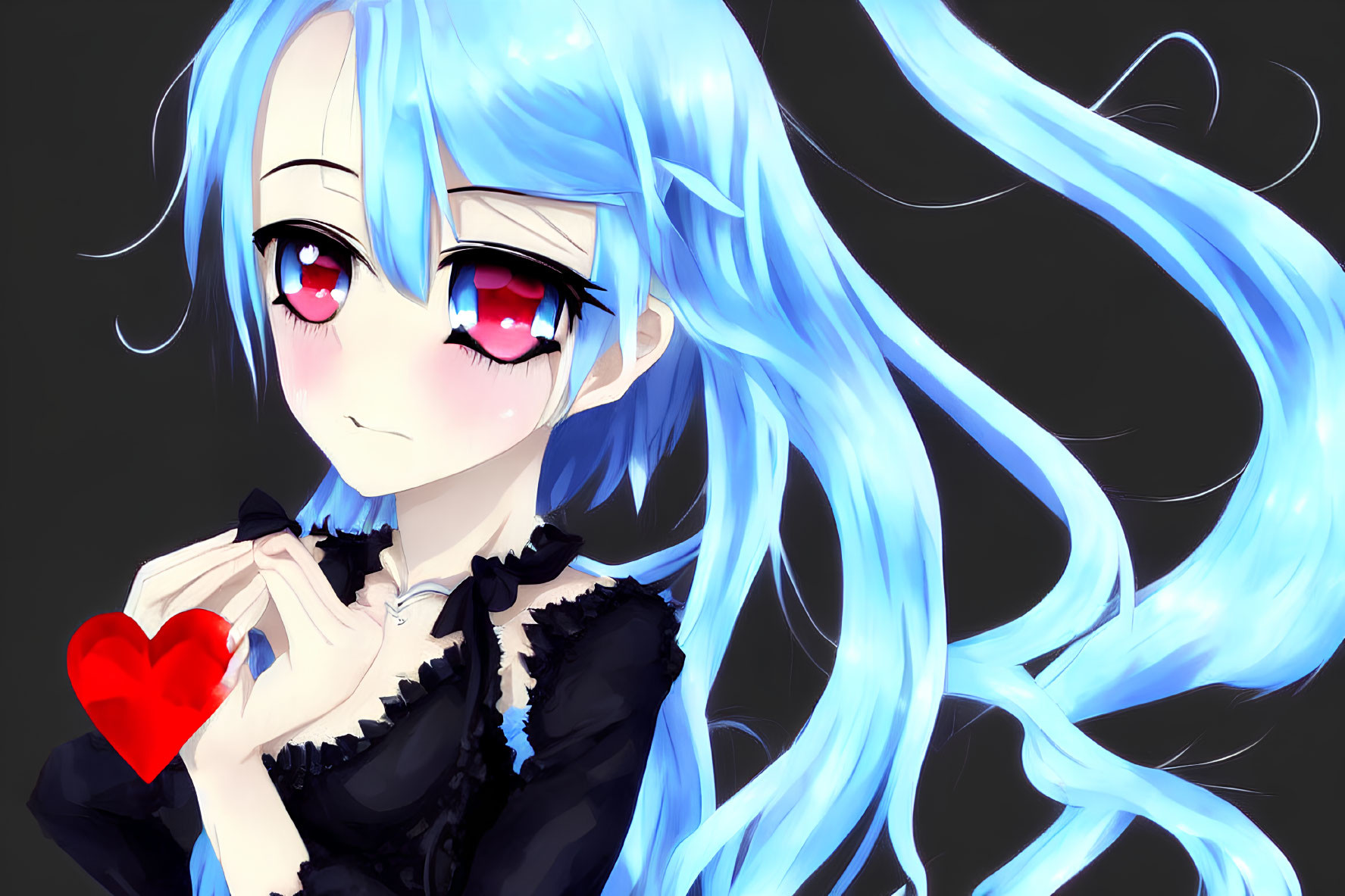 Blue-haired anime girl with red eyes holding a heart in black dress on dark background