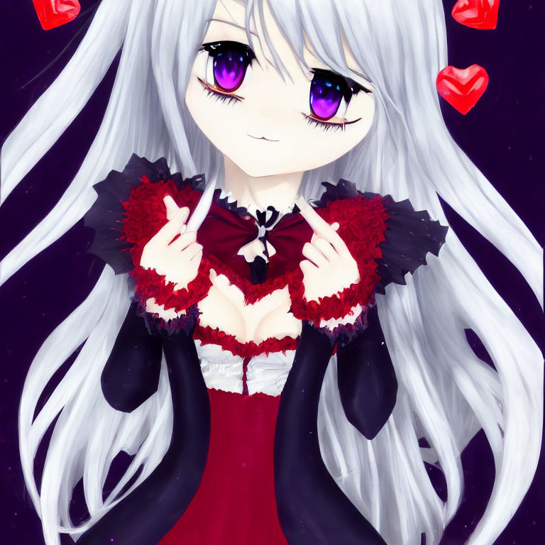 Anime-style character with purple eyes and long silver hair in red and black dress against starry backdrop