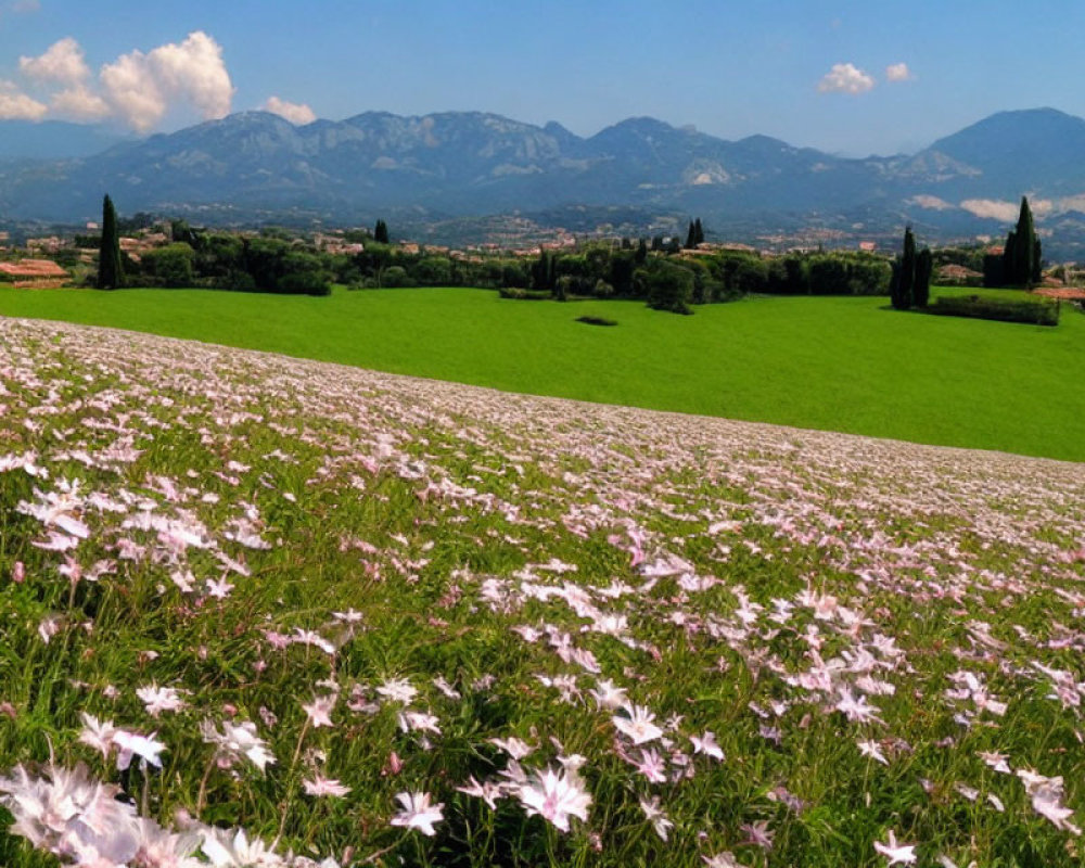 Scenic landscape with pink flowers, green meadow, and distant mountains