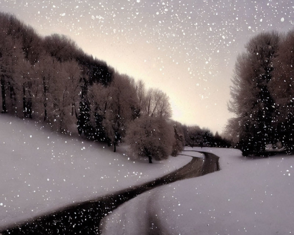 Snow-covered landscape with winding road and bare trees under twilight sky