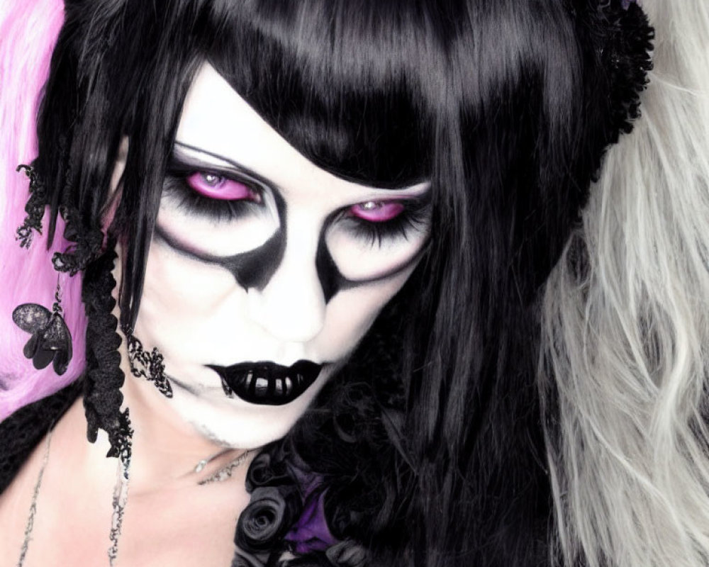 Gothic makeup look with black lipstick, purple eye contacts, black and white wig, dark eye