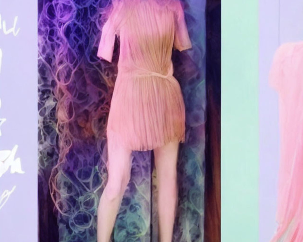 Purple-haired mannequin in pink dress on purple-blue background