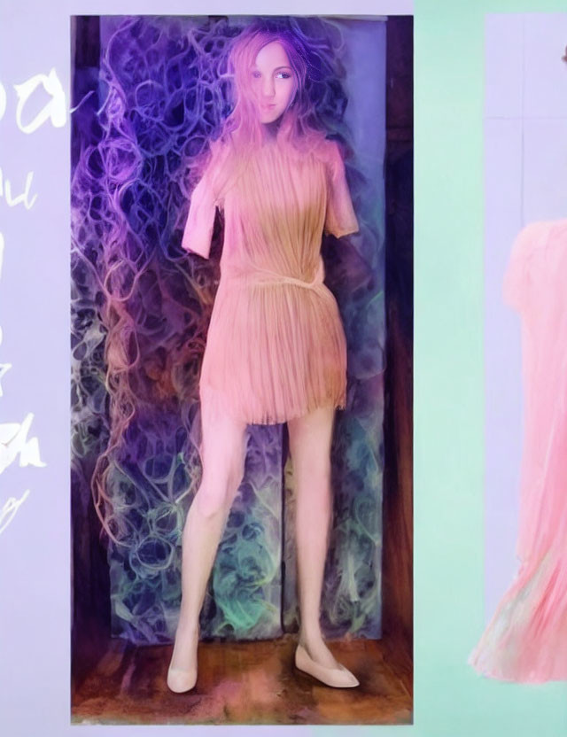 Purple-haired mannequin in pink dress on purple-blue background