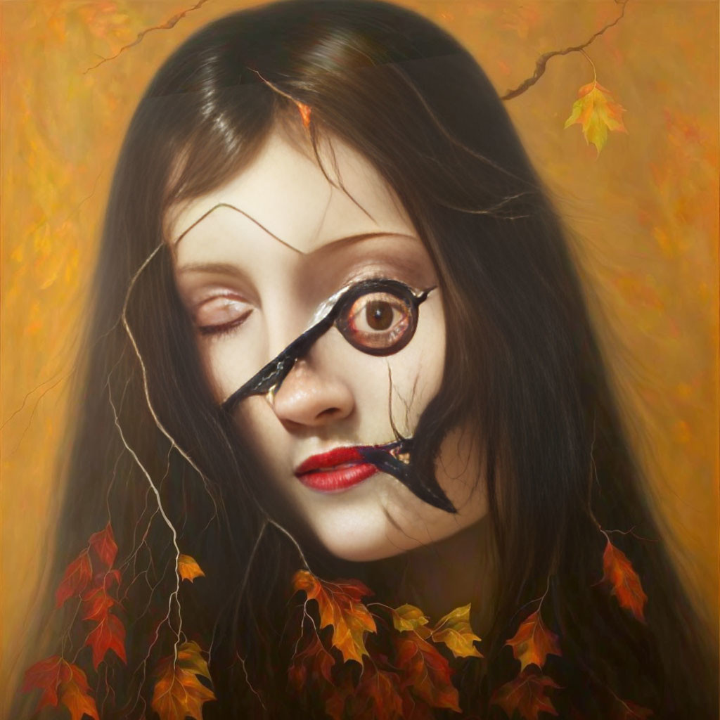 Surreal portrait of woman with cracked porcelain features and oversized eye in autumn setting