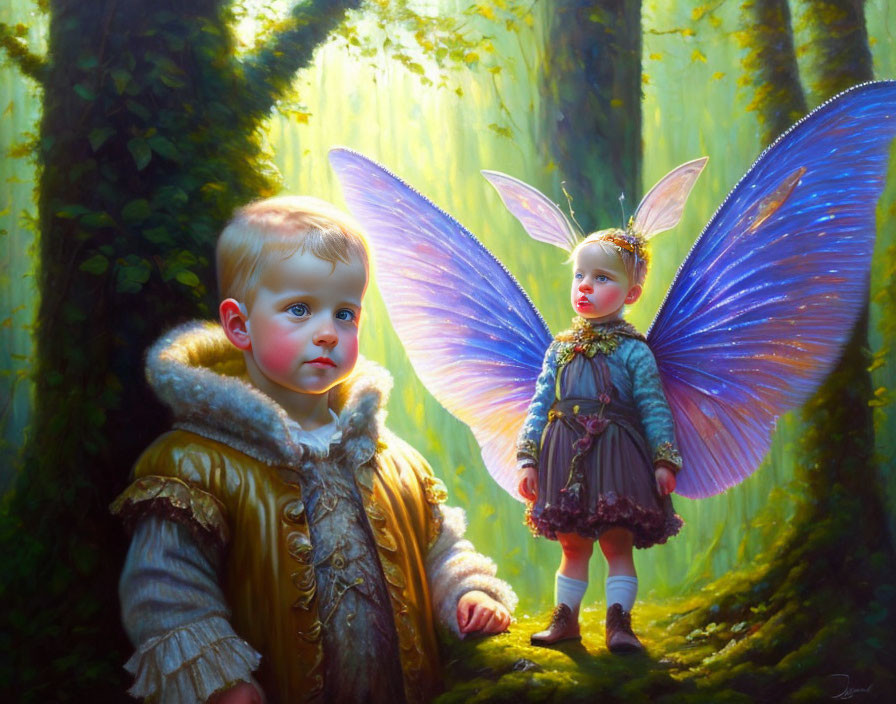 Digital painting of toddler with angelic wings in mystical forest