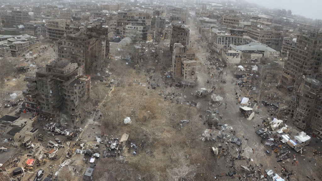 Destroyed urban scene with damaged buildings and debris, indicating recent conflict or disaster.