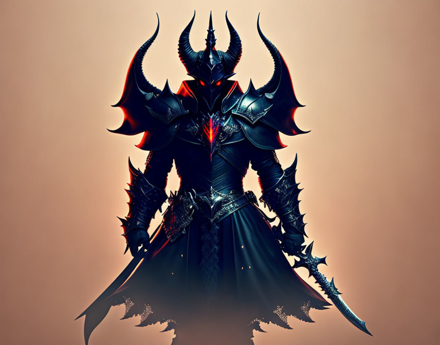 Armor-clad figure with horns and red glowing accents on orange backdrop