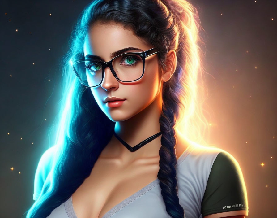 Woman with Blue-Tinted Glasses and Braided Hair in Mystical Digital Art