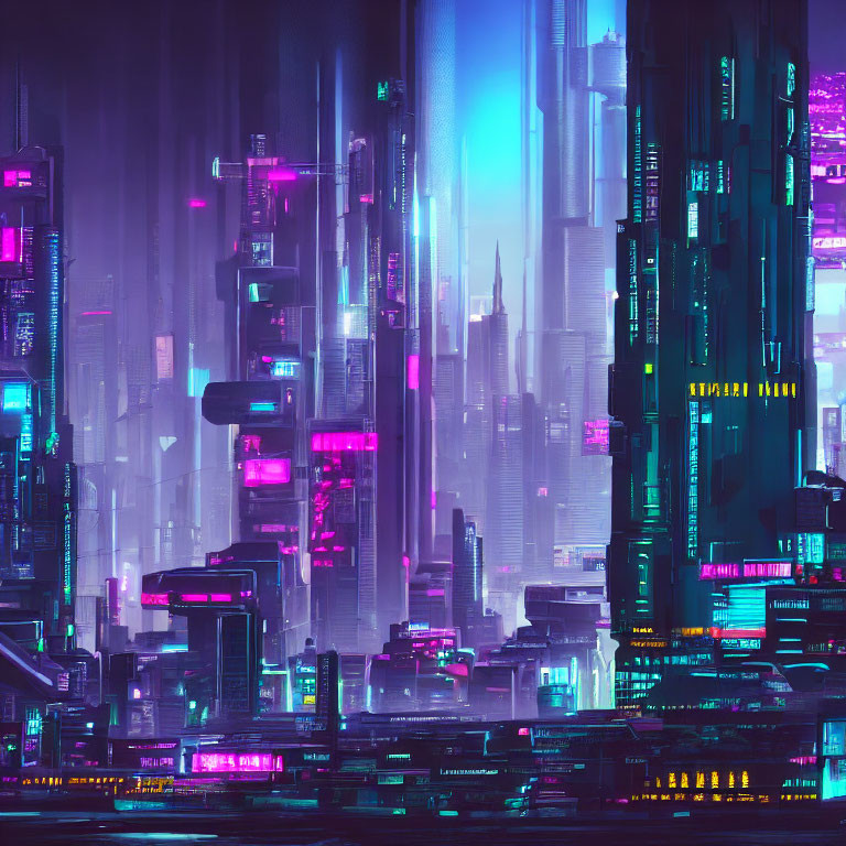 Futuristic cityscape at night with neon lights and skyscrapers