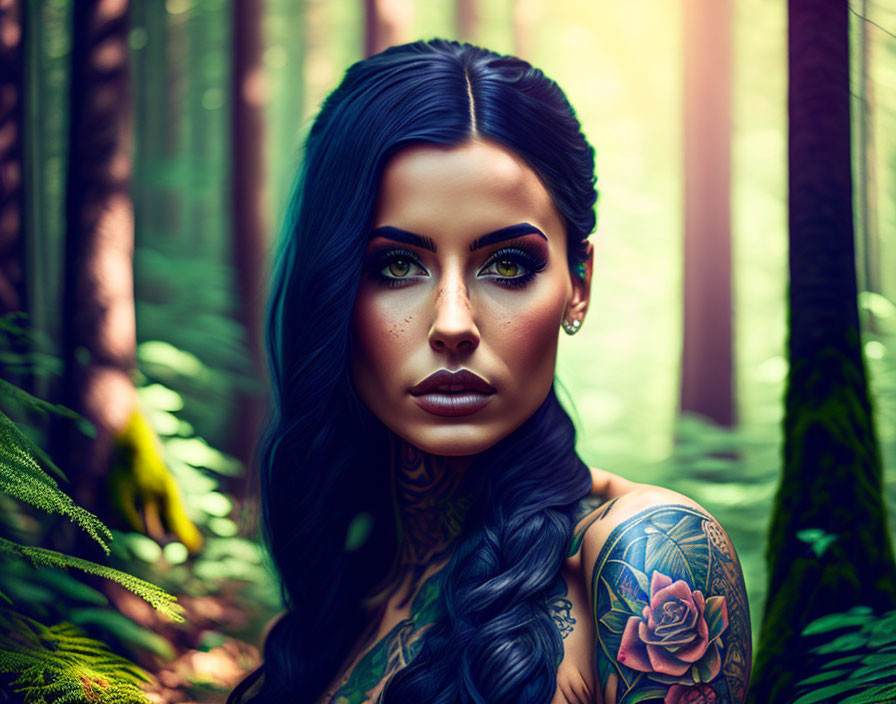 Blue-haired woman with rose tattoo in woodland setting.