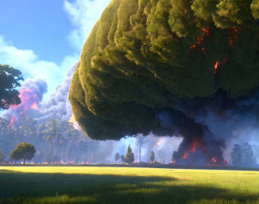 Enormous tree with lush foliage ablaze in tranquil field.