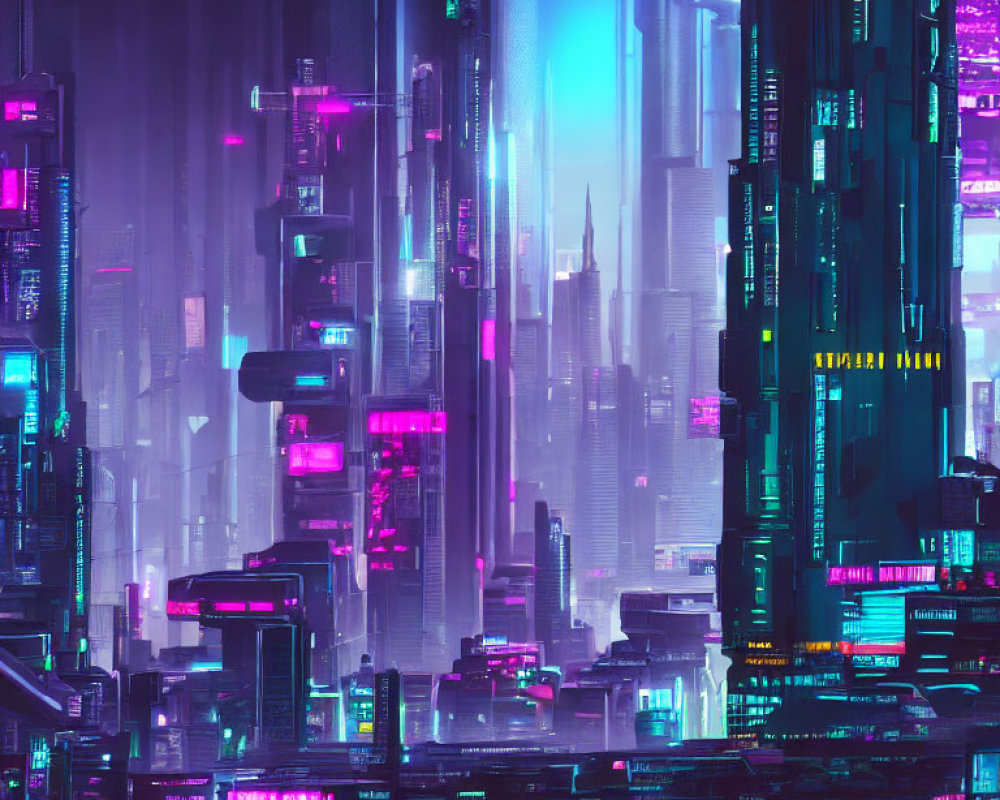 Futuristic cityscape at night with neon lights and skyscrapers