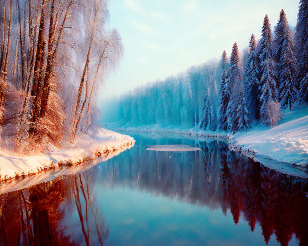 Tranquil winter landscape with river, birch trees, and snow-covered evergreens