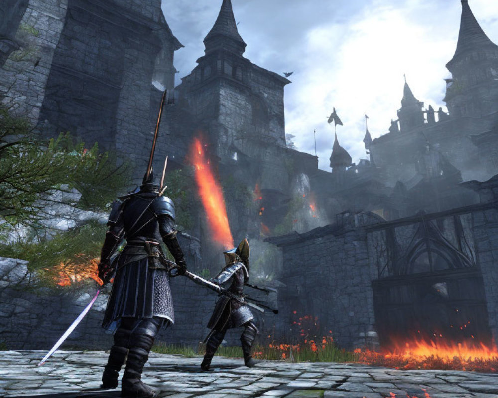 Armored knights at castle gate with fiery explosion and soaring towers