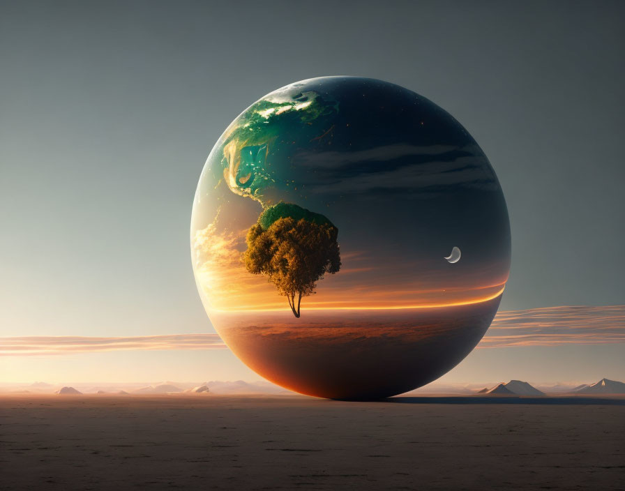 Surreal levitating globe with tree and desert landscapes under dusk sky