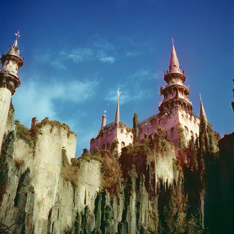 Castle with Pointed Turrets on Rugged Cliff and Blue Sky