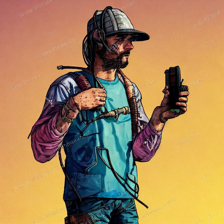 Stylized illustration of man with beard in cap, headset, vest, holding device