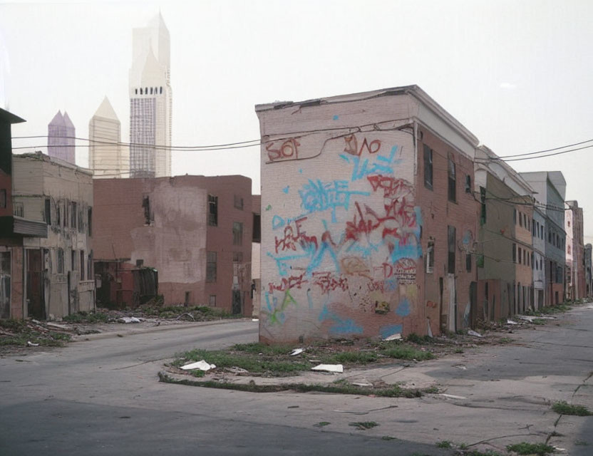 Abandoned urban street with graffiti-covered buildings and distant skyscrapers