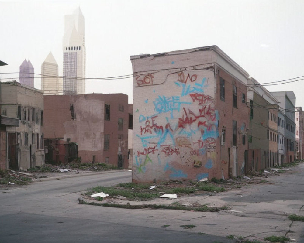 Abandoned urban street with graffiti-covered buildings and distant skyscrapers