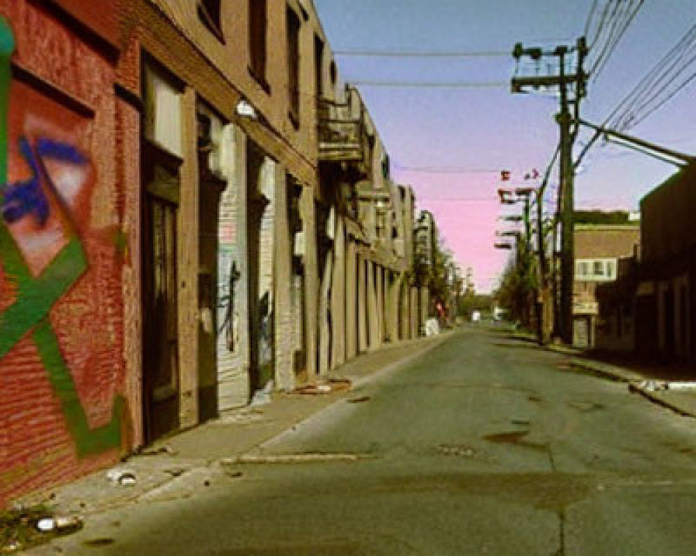 Desolate city street with graffiti and power lines under clear sky