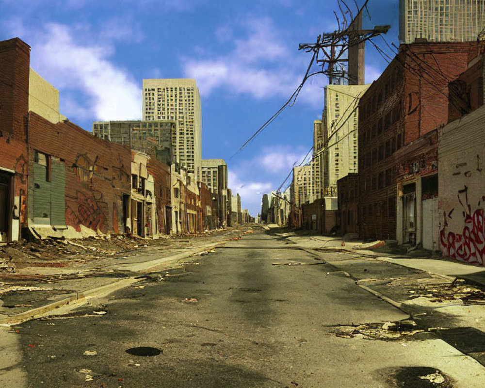 Abandoned city street with graffiti and debris under cloudy sky