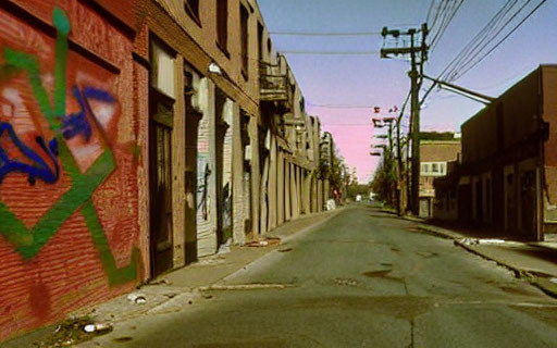 Desolate city street with graffiti and power lines under clear sky