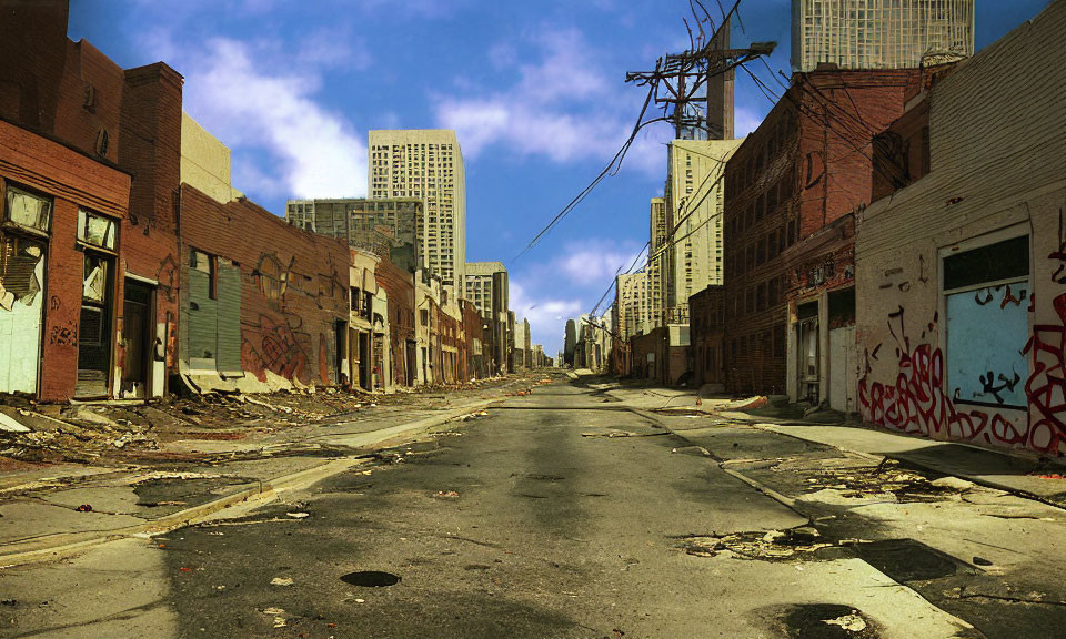 Abandoned city street with graffiti and debris under cloudy sky