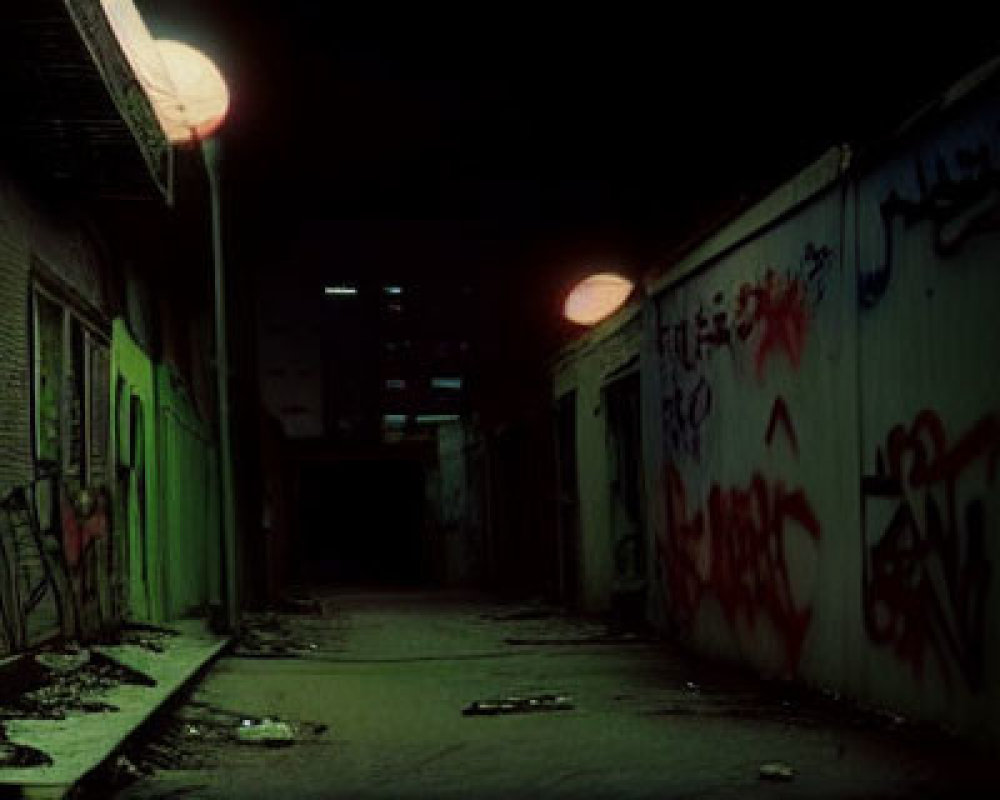 Dark alley at night with graffiti under red lights