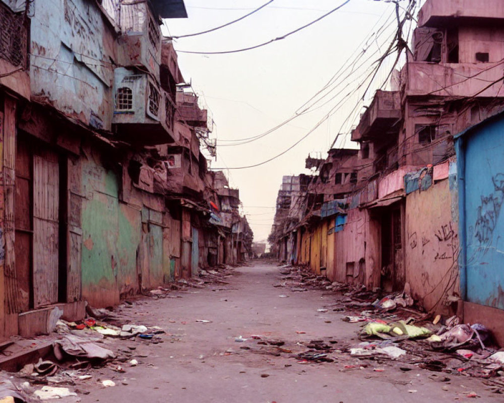 Abandoned urban street with closed storefronts, graffiti, litter, and overhead wires