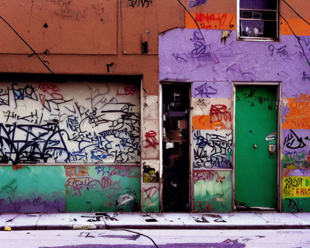 Colorful Graffiti-Covered Building Facade with Green Door