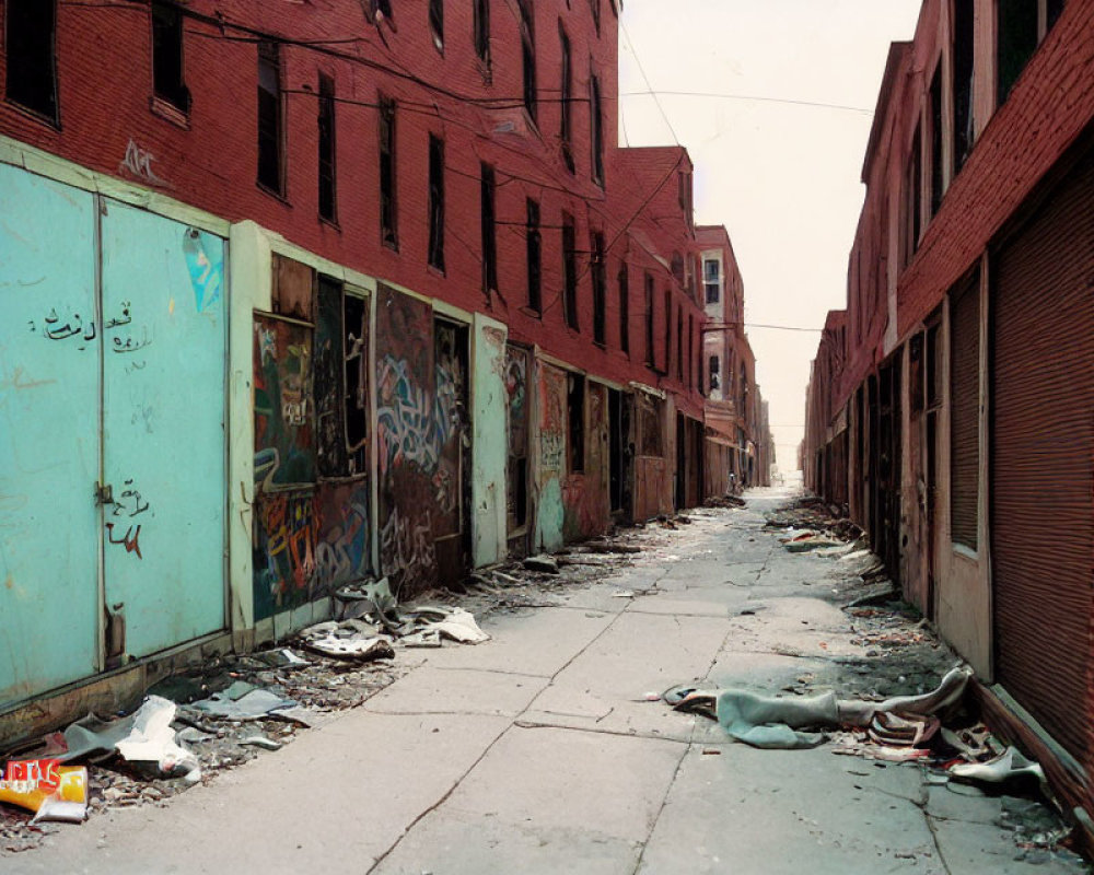 Graffiti-covered urban alley with red brick buildings under cloudy sky