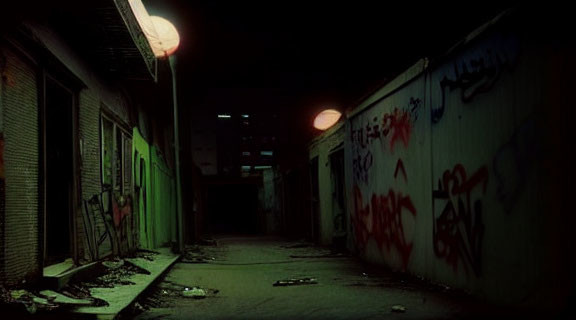 Dark alley at night with graffiti under red lights