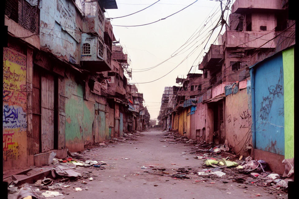 Abandoned urban street with closed storefronts, graffiti, litter, and overhead wires