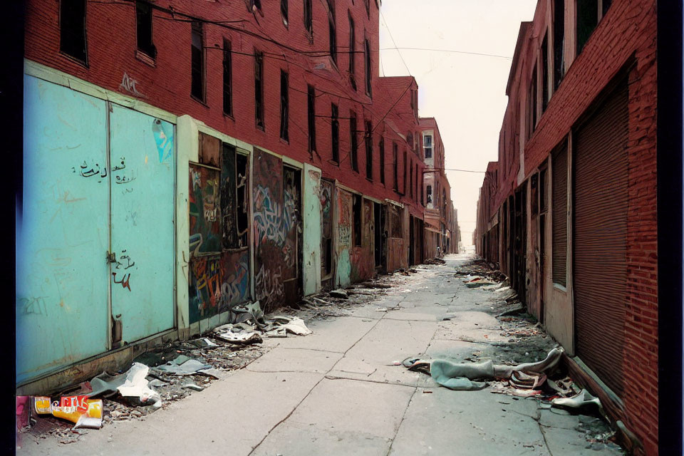 Graffiti-covered urban alley with red brick buildings under cloudy sky