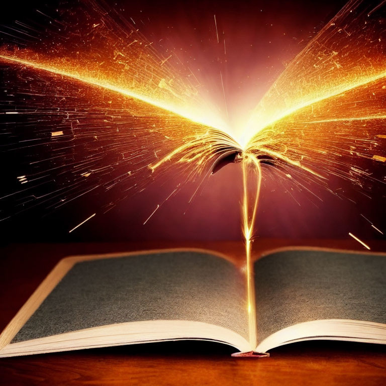 Glowing open book with sparkles on wooden surface