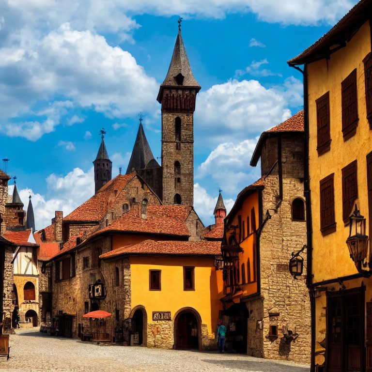 Medieval village with cobblestone streets and stone tower