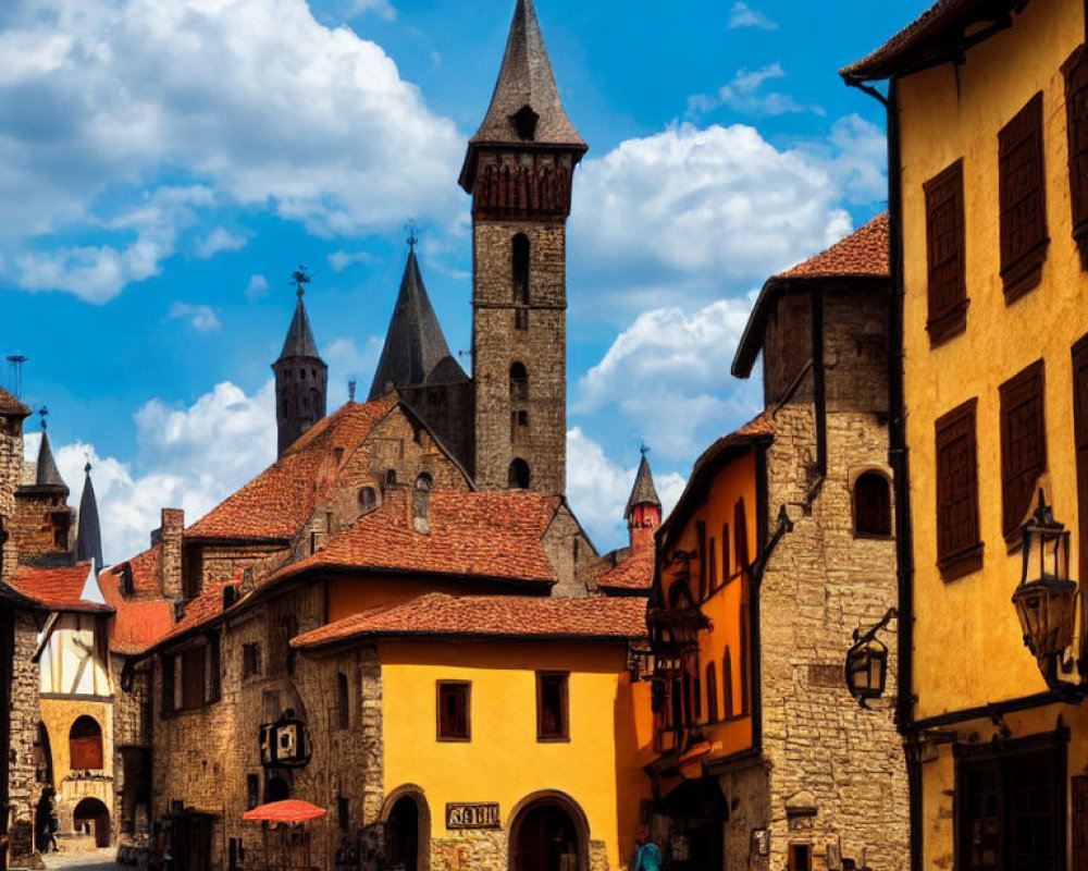 Medieval village with cobblestone streets and stone tower