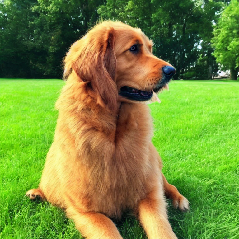 Golden Retriever Sitting on Green Grass with Trees in Background