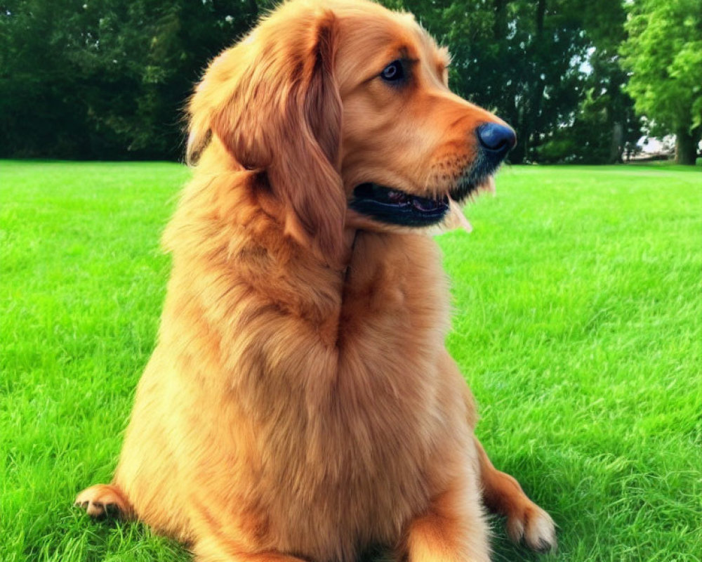 Golden Retriever Sitting on Green Grass with Trees in Background