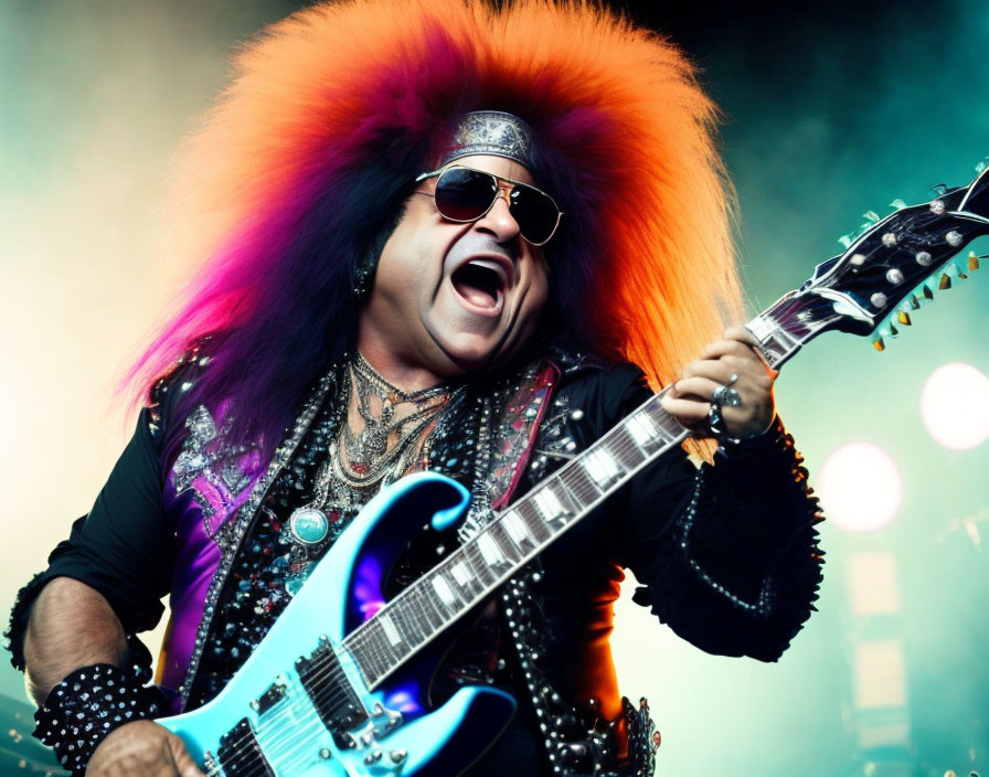 Colorful spiked hair rock musician playing electric guitar in sunglasses and studded leather.