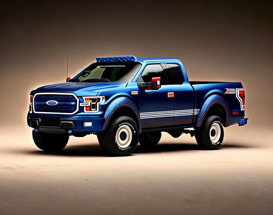 Blue Ford Pickup Truck with Off-Road Tires and Emergency Lights