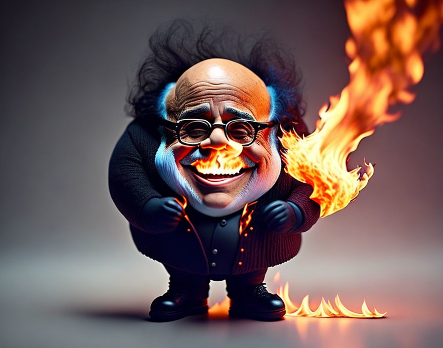 Exaggerated caricature figure in suit breathing fire