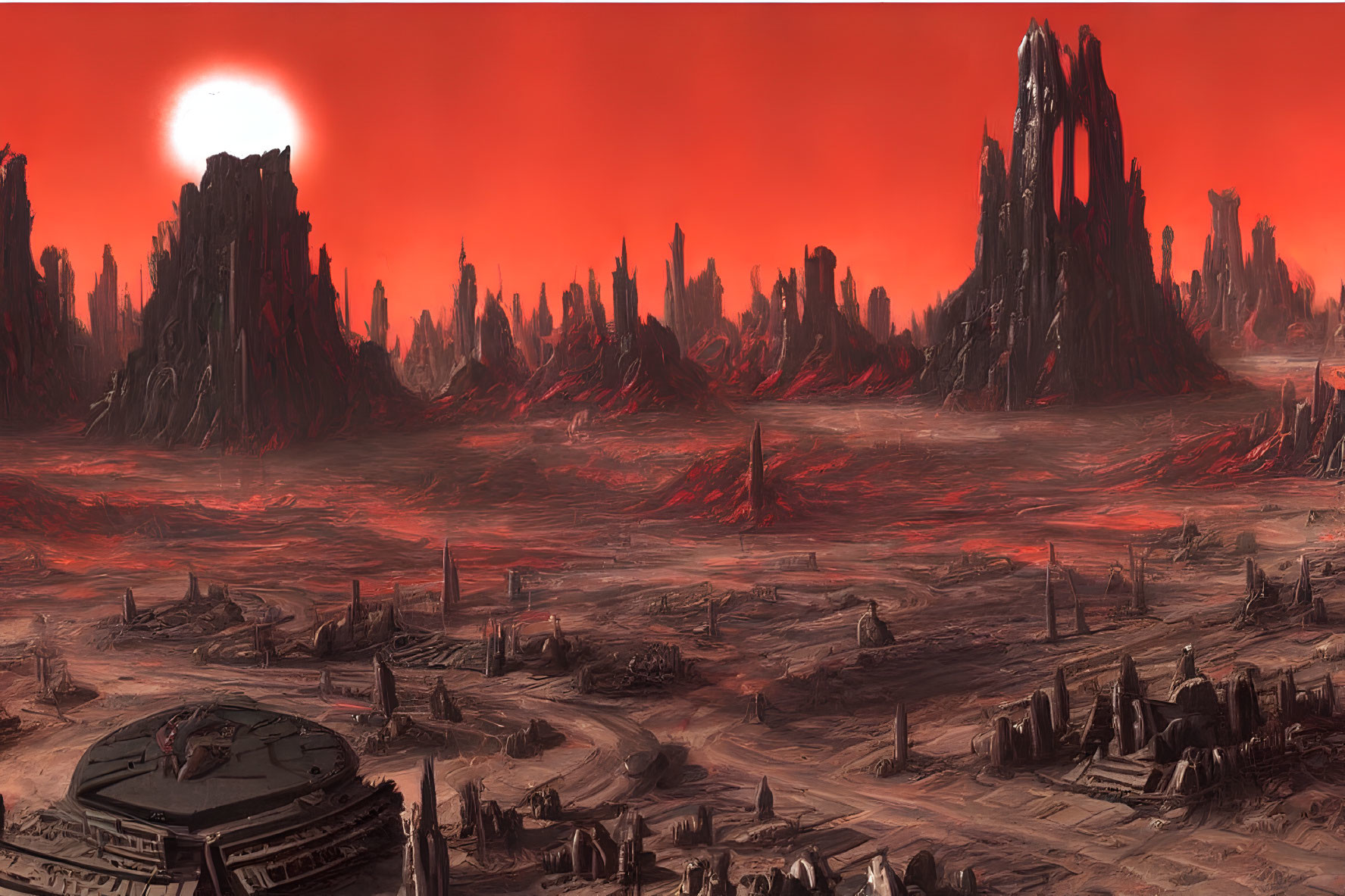 Dystopian landscape with red skies and ruins on barren terrain