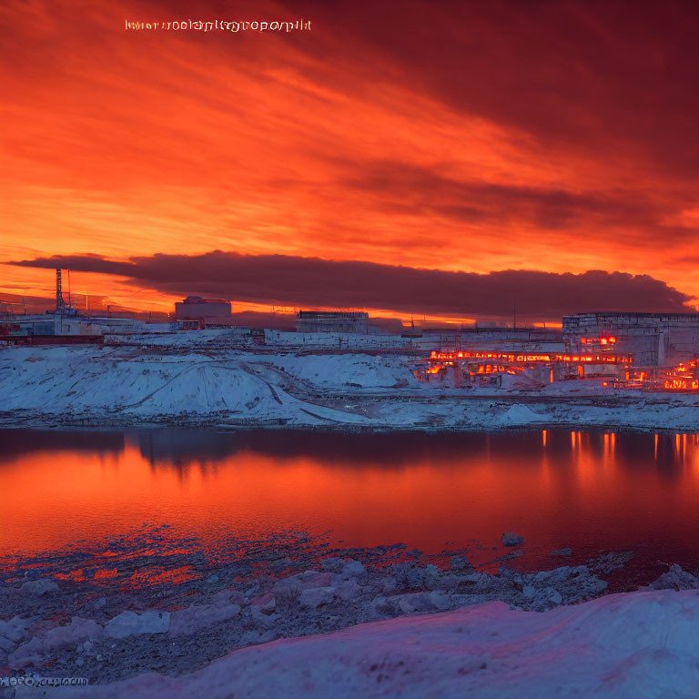 Urban landscape at sunset with industrial area, red sky, water reflections, and snow patches.