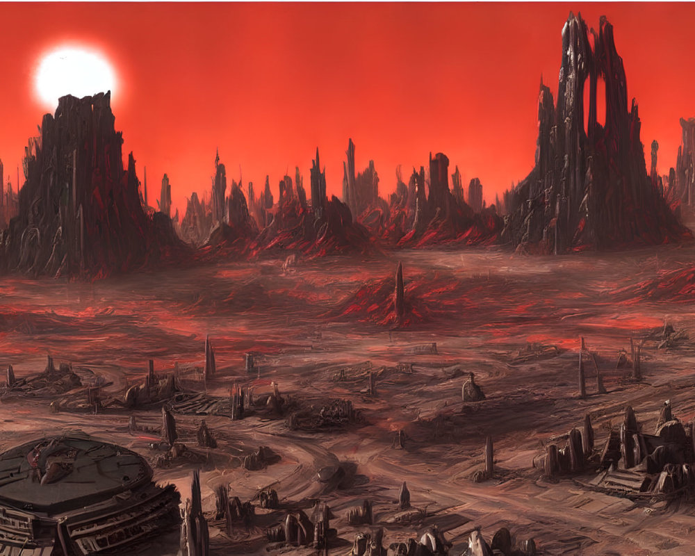 Dystopian landscape with red skies and ruins on barren terrain